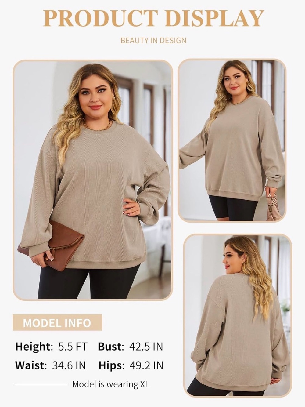 Plus Size Oversized Pullover Sweatshirt in Beige